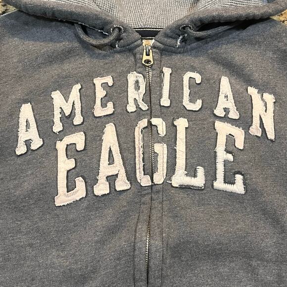 American Eagle Mens Medium Gray Full Zip Embroidered Spell Out Y2K Hoodie Jacket - Picture 1 of 6